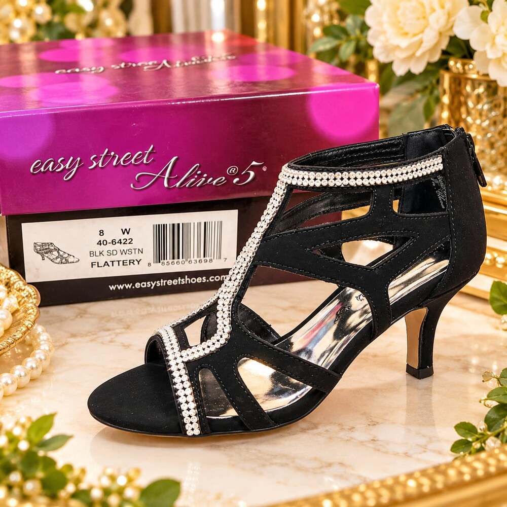 Easy Street Flattery Size 8 W Black Rhinestone Kitten Heel Sandal